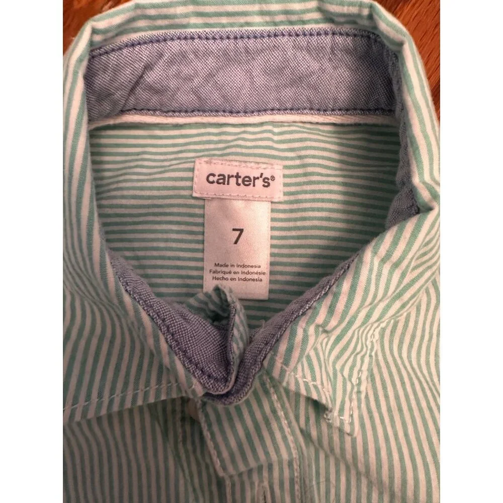 Carter's Green and White Vertical Striped Collared Button down dress shirt